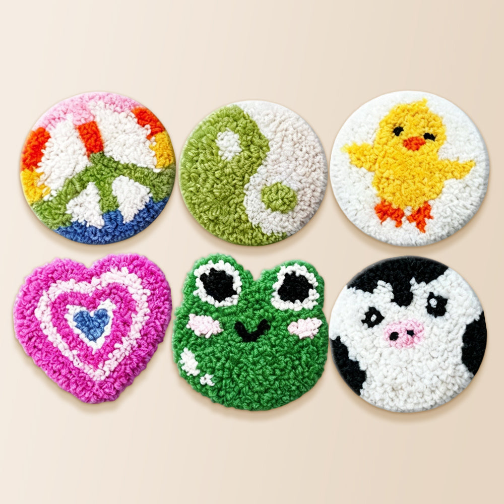 Cute chick, frog and cow punch needle coaster kit finished handmade coasters