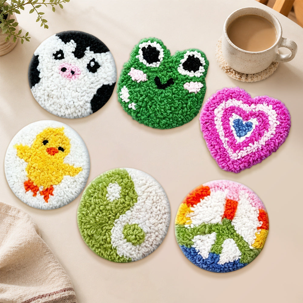 Cute chick, frog and cow punch needle coasters used for home decoration