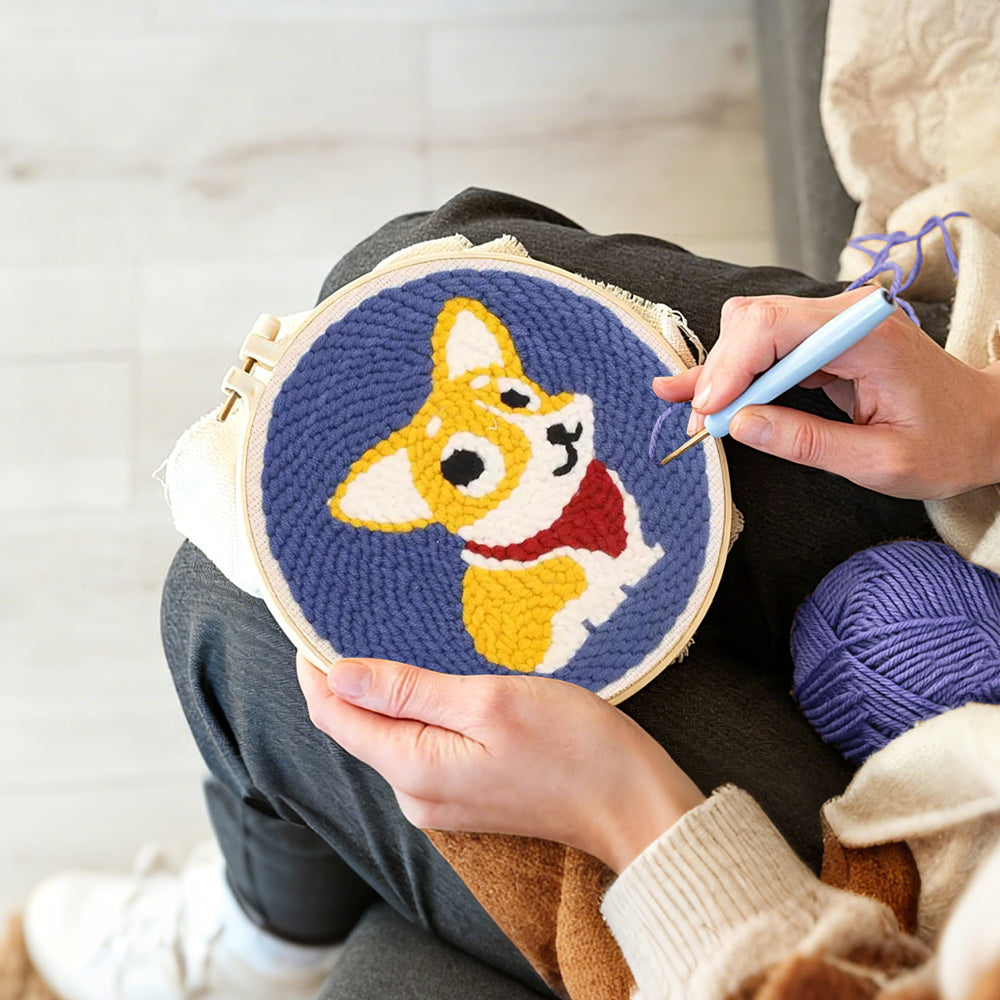 Creating handmade cute corgi dog punch needle artwork