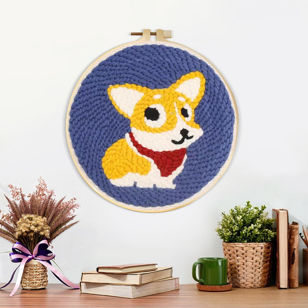 Finished cute corgi dog artwork displayed on a wall