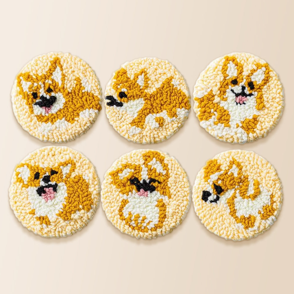 Cute corgi punch needle coaster kit finished handmade coasters