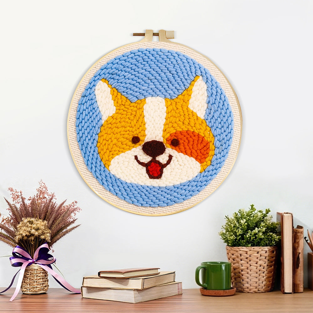 Finished cute corgi artwork displayed on a wall