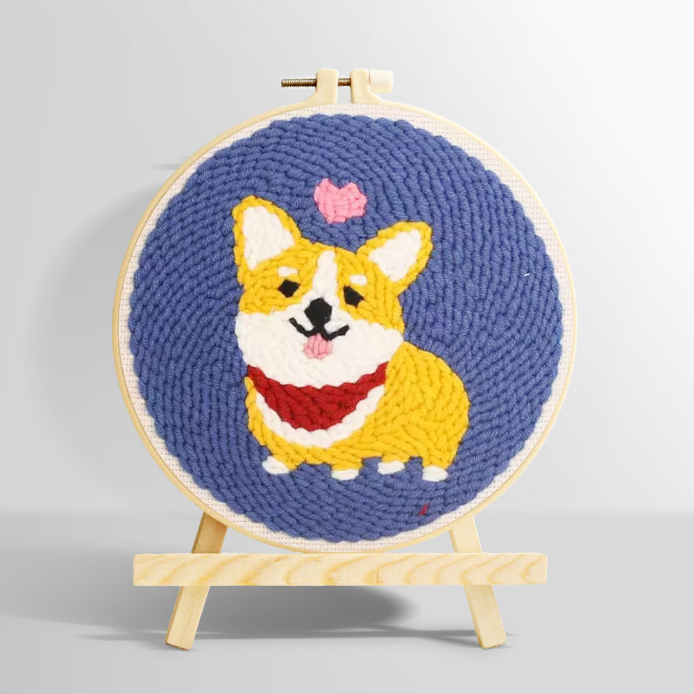 Cute corgi with heart punch needle kit for beginners