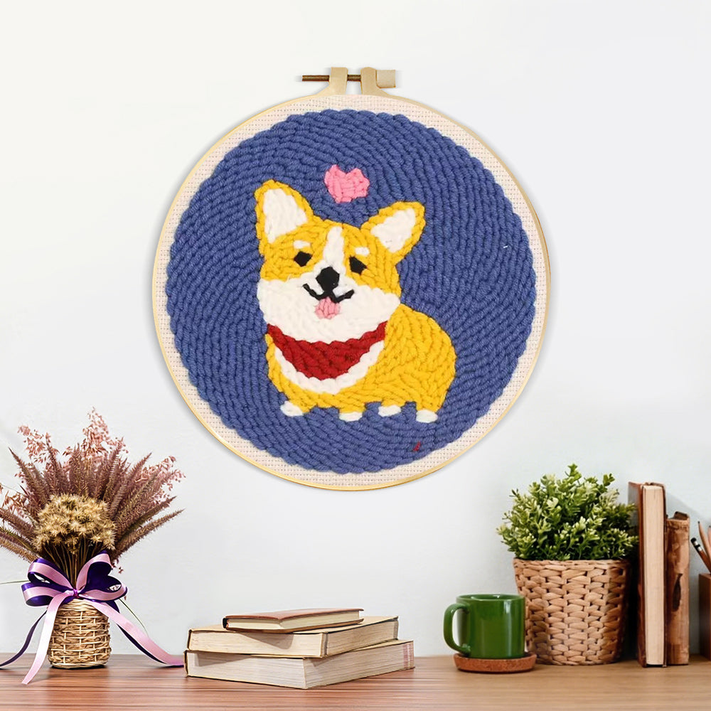 Finished cute corgi with heart artwork displayed on a wall
