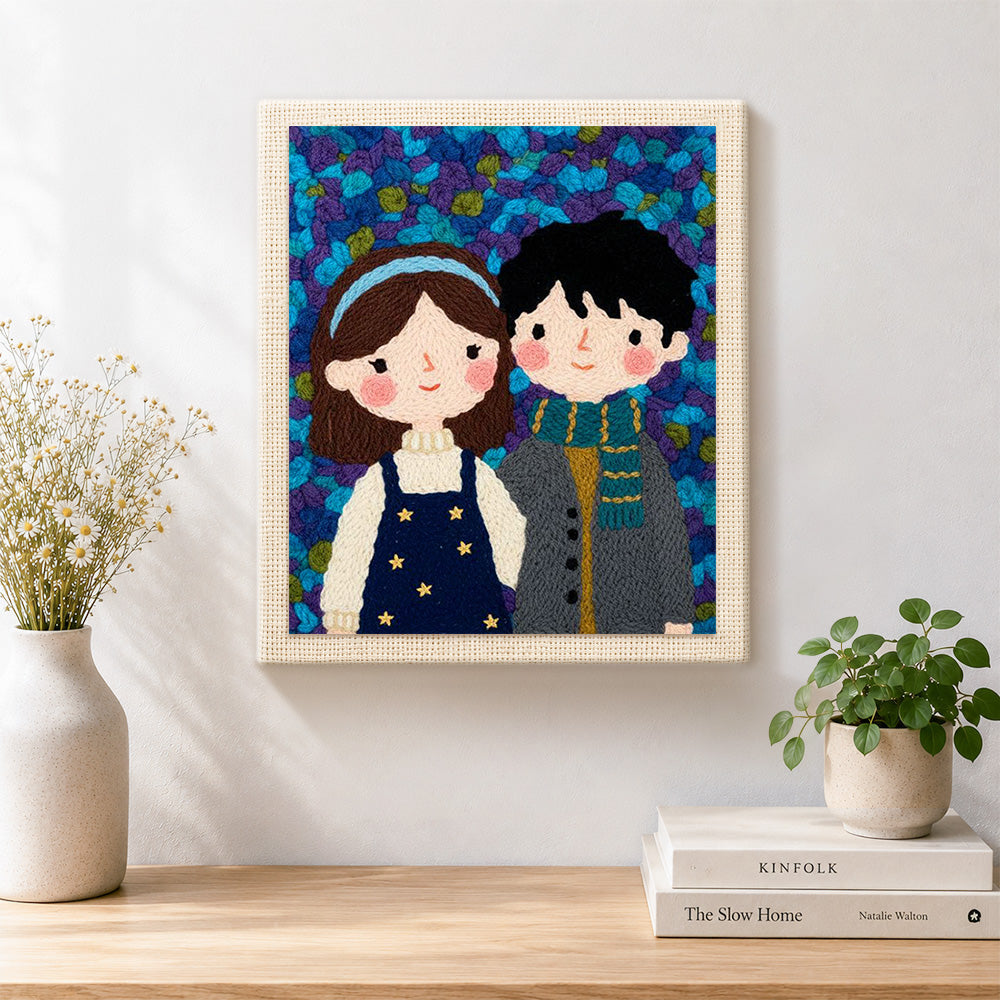 Finished cute couple and some flowers artwork displayed on a wall