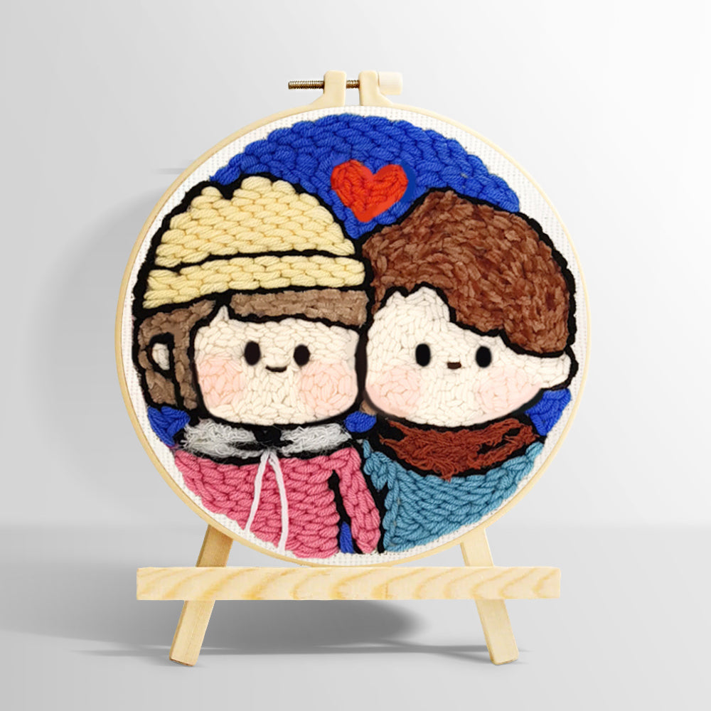 Cute couple portrait with heart punch needle kit for beginners