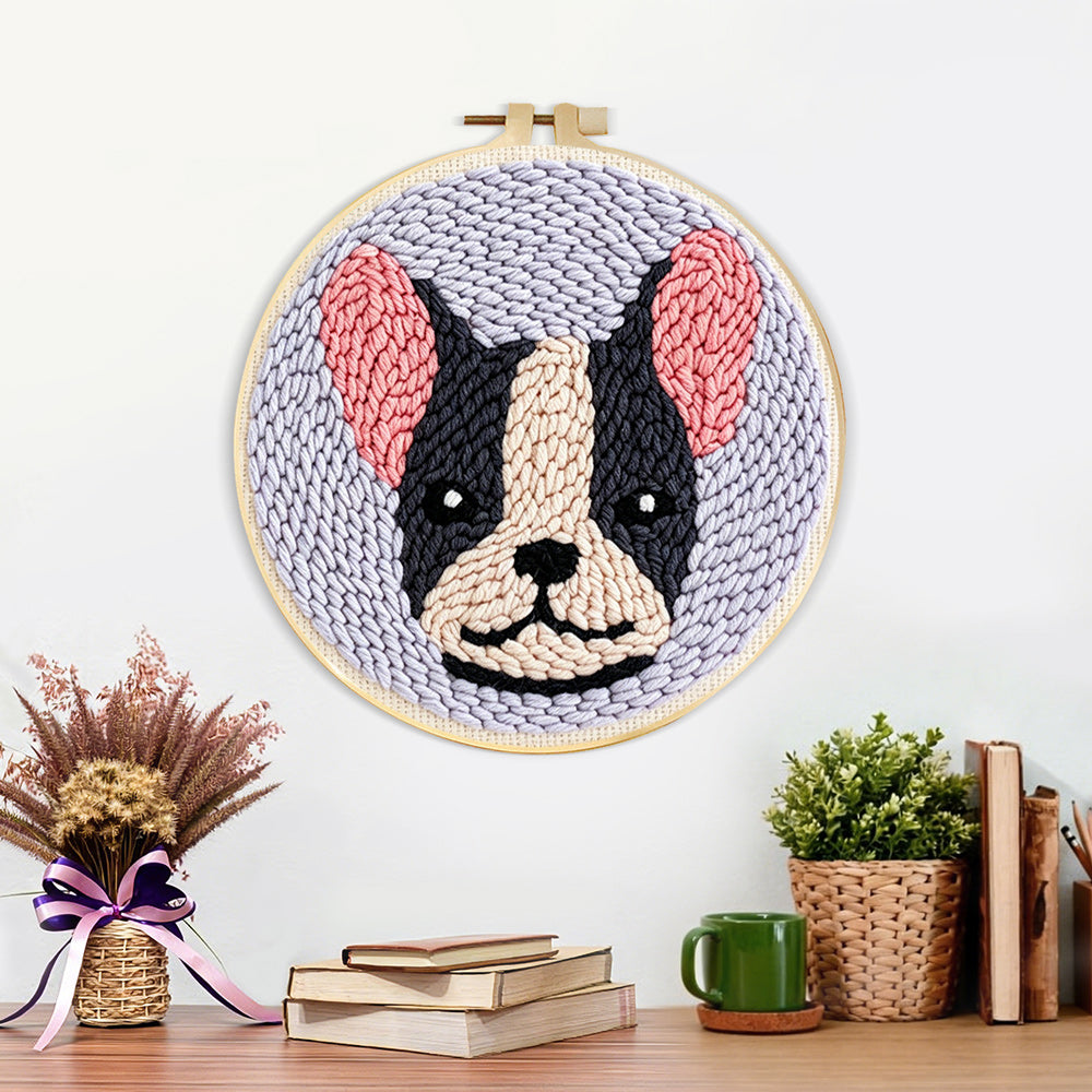 Finished cute dog artwork displayed on a wall