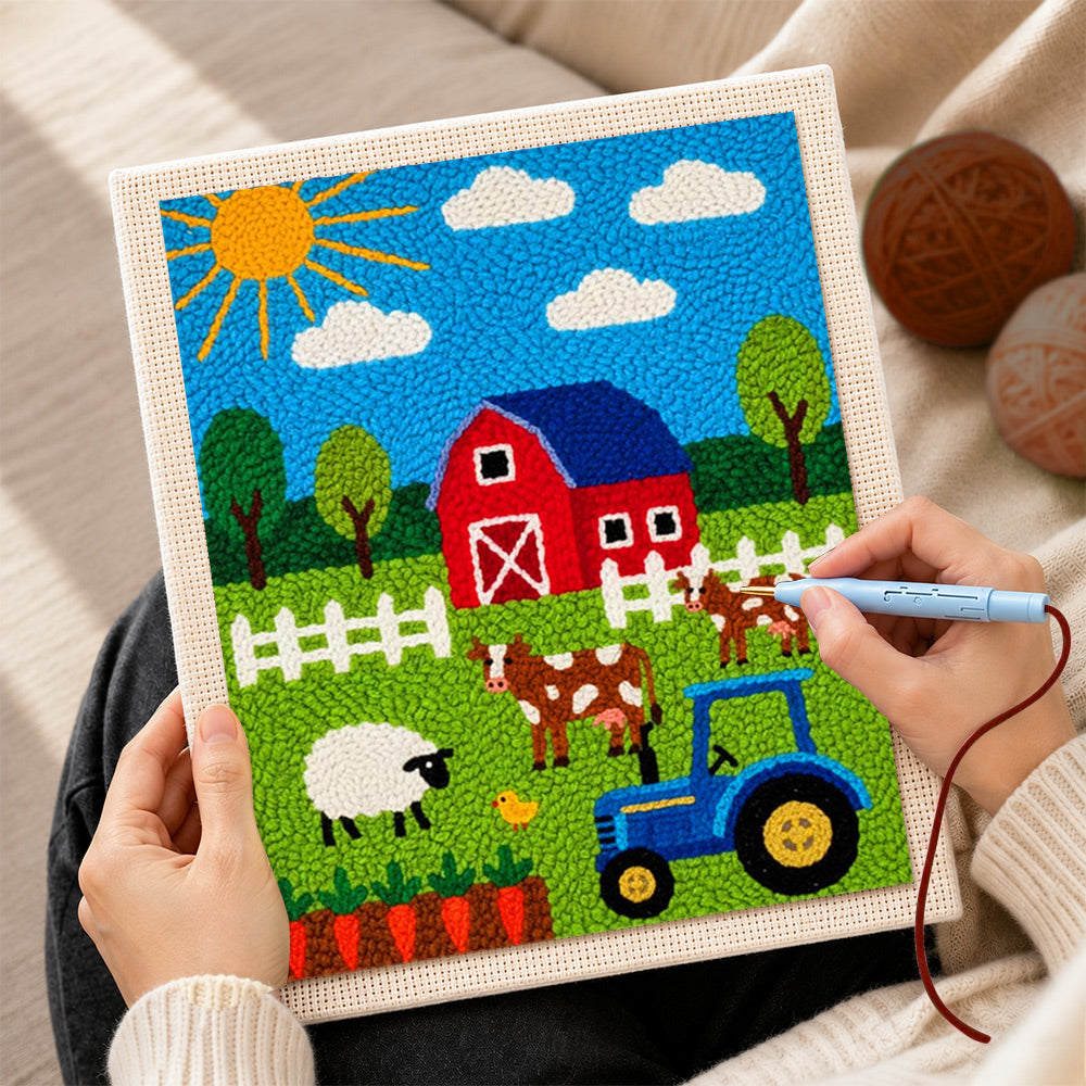 Creating handmade cute farmyard animals and tractor punch needle artwork