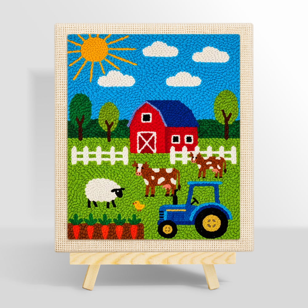 Cute farmyard animals and tractor punch needle kit for beginners