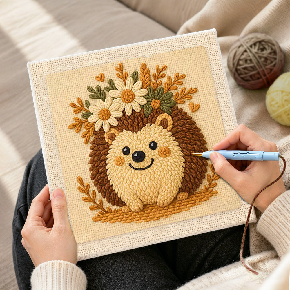 Creating handmade cute floral crown hedgehog punch needle artwork
