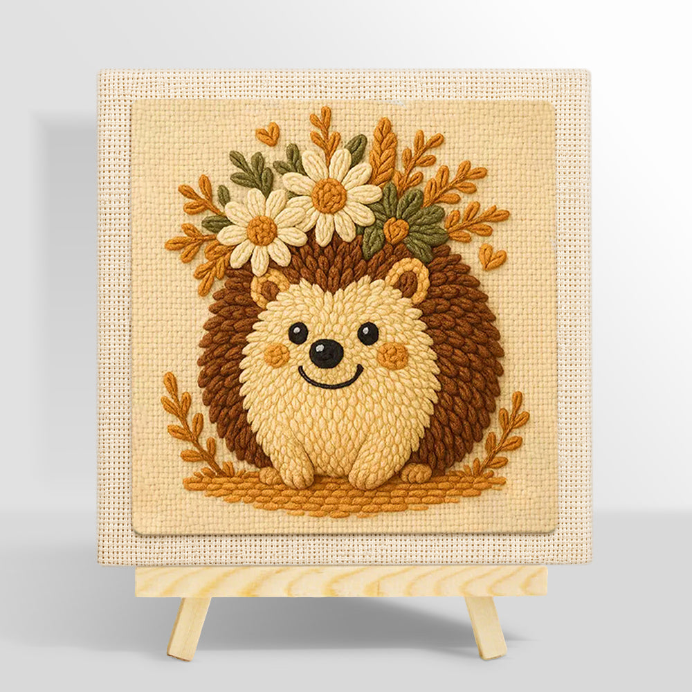Cute floral crown hedgehog punch needle kit for beginners
