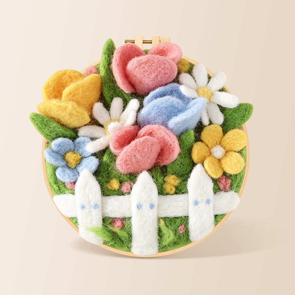 Cute flower bed with white picket fence needle felting kit for beginners with a round wooden frame