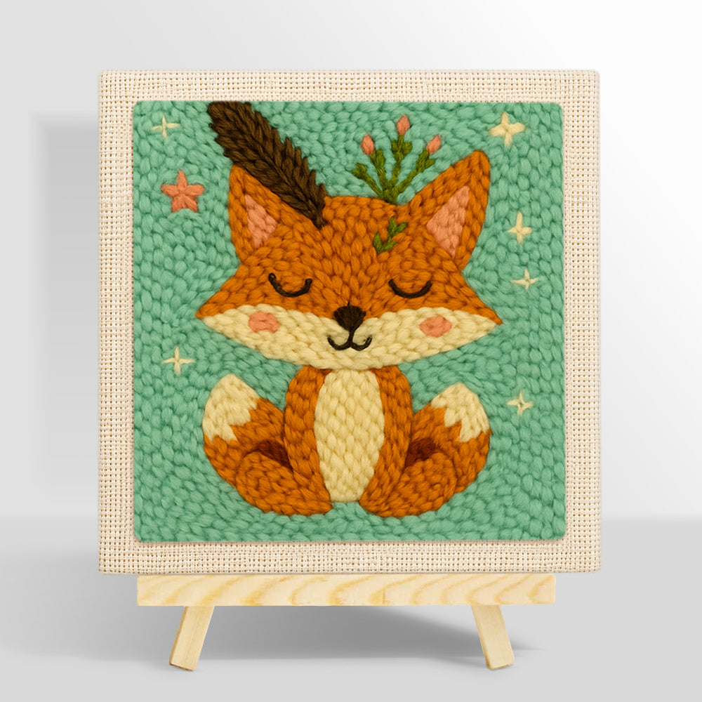 Cute fox with feathers and sprigs punch needle kit for beginners