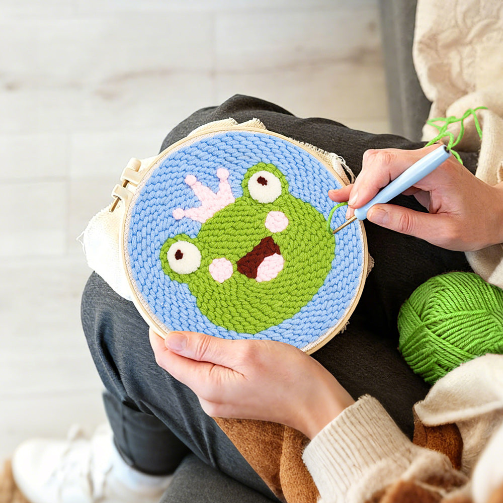Creating handmade cute frog with crown punch needle artwork
