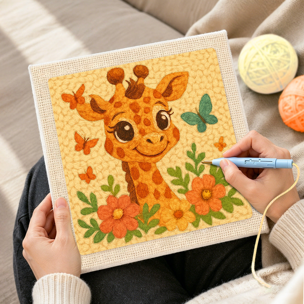 Creating handmade cute giraffe with butterflies punch needle artwork