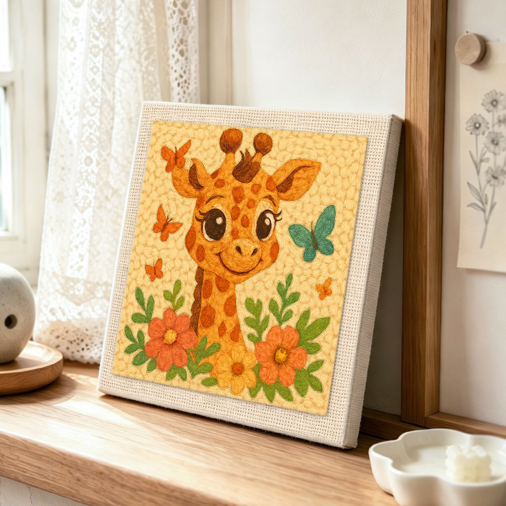 Cute giraffe with butterflies punch needle artwork displayed on a table