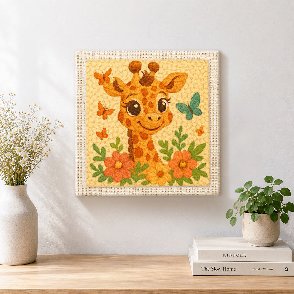 Finished cute giraffe with butterflies artwork displayed on a wall