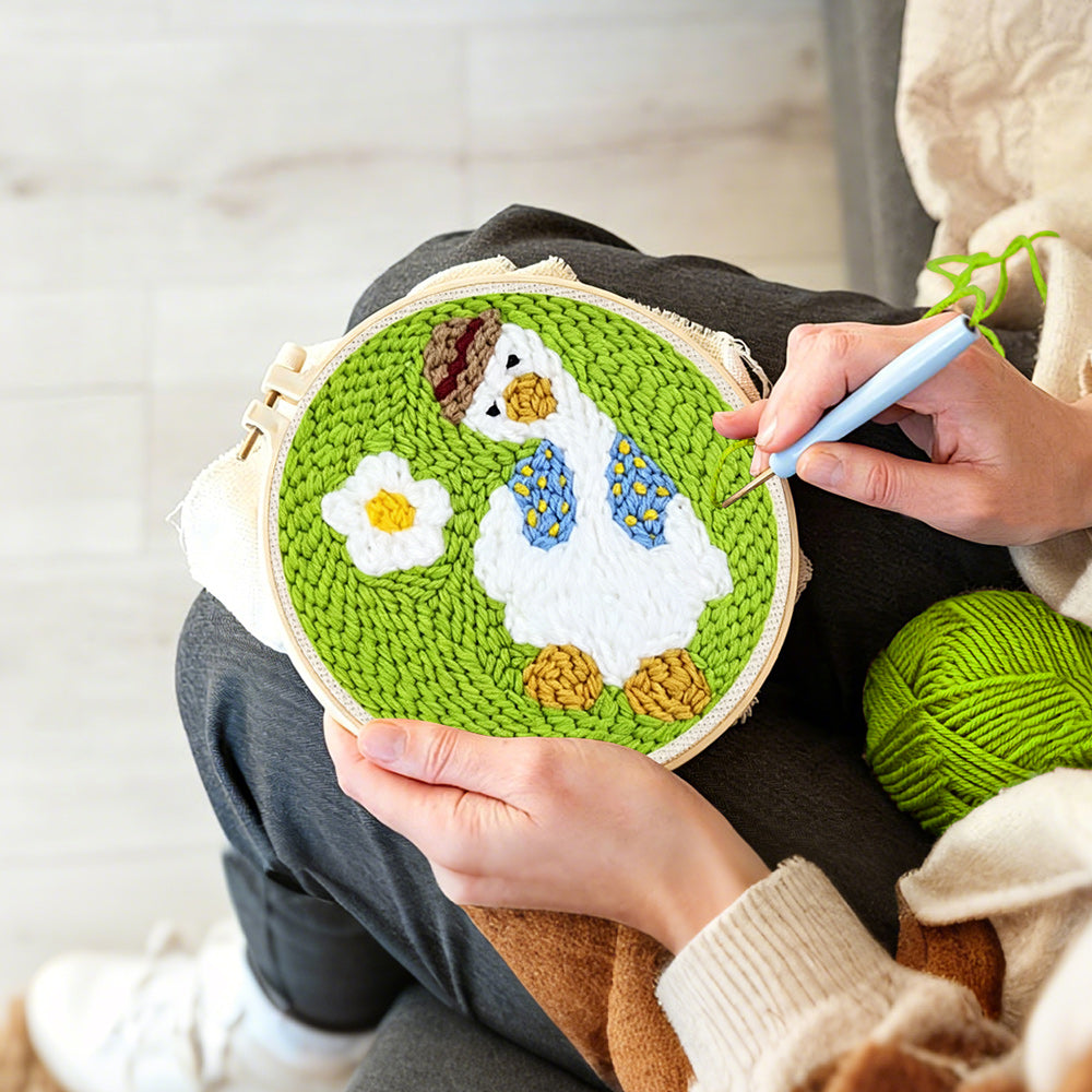 Creating handmade cute goose with daisy punch needle artwork