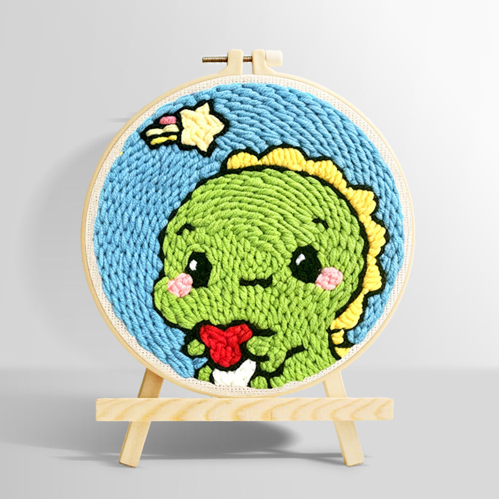 Cute green baby dinosaur punch needle kit for beginners