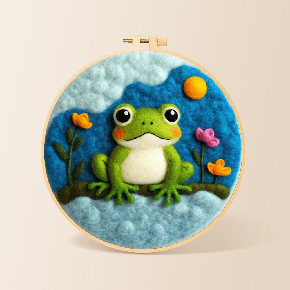 Cute green frog under the cloud needle felting kit for beginners with a round wooden frame