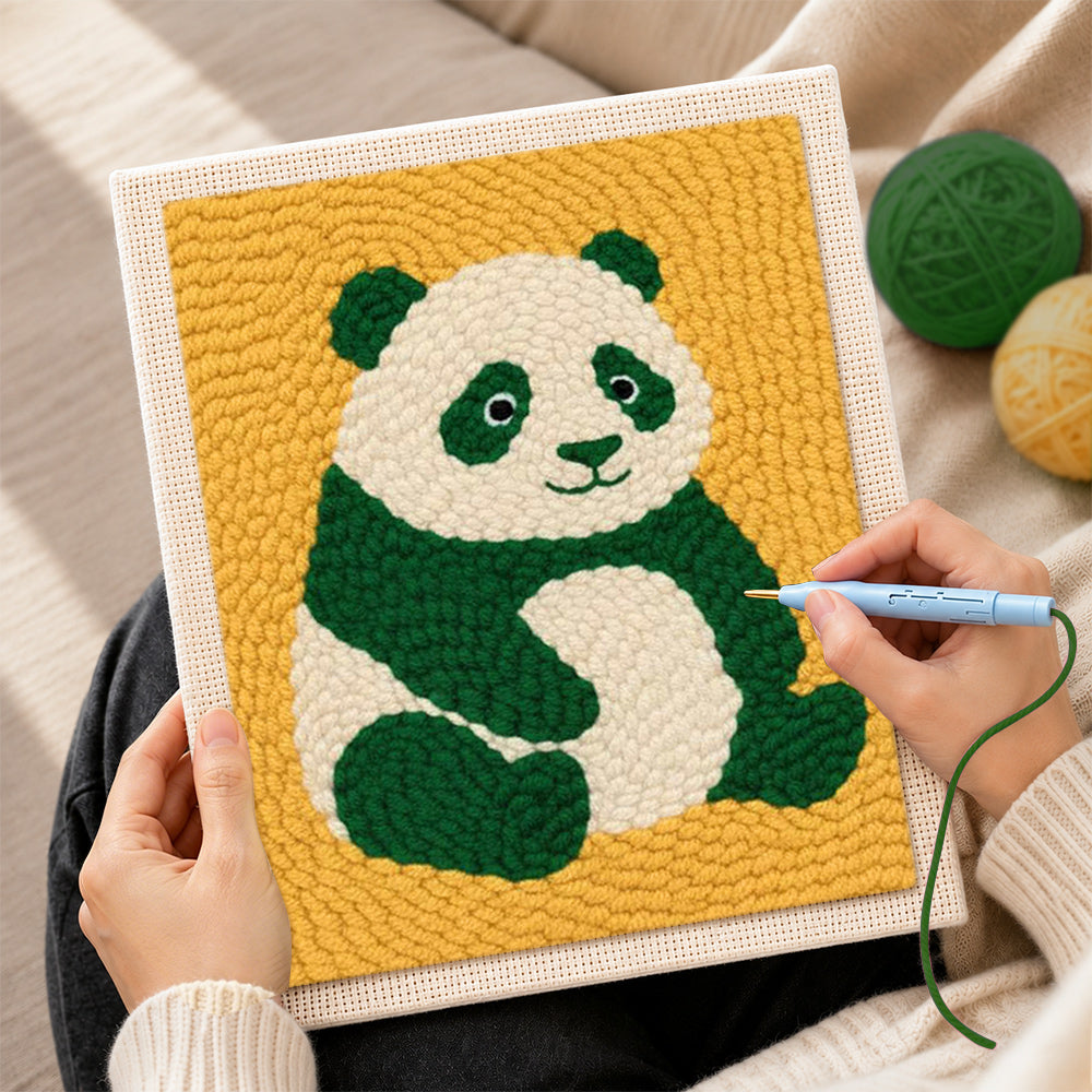 Creating handmade cute green panda punch needle artwork