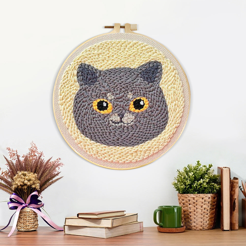 Finished cute grey cat artwork displayed on a wall