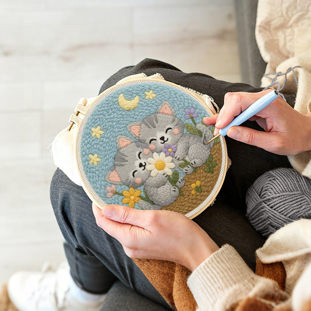 Creating handmade cute grey kittens and wildflowers punch needle artwork