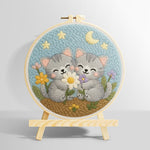 Cute grey kittens and wildflowers punch needle kit for beginners