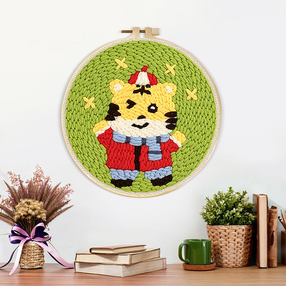 Finished cute happy tiger artwork displayed on a wall