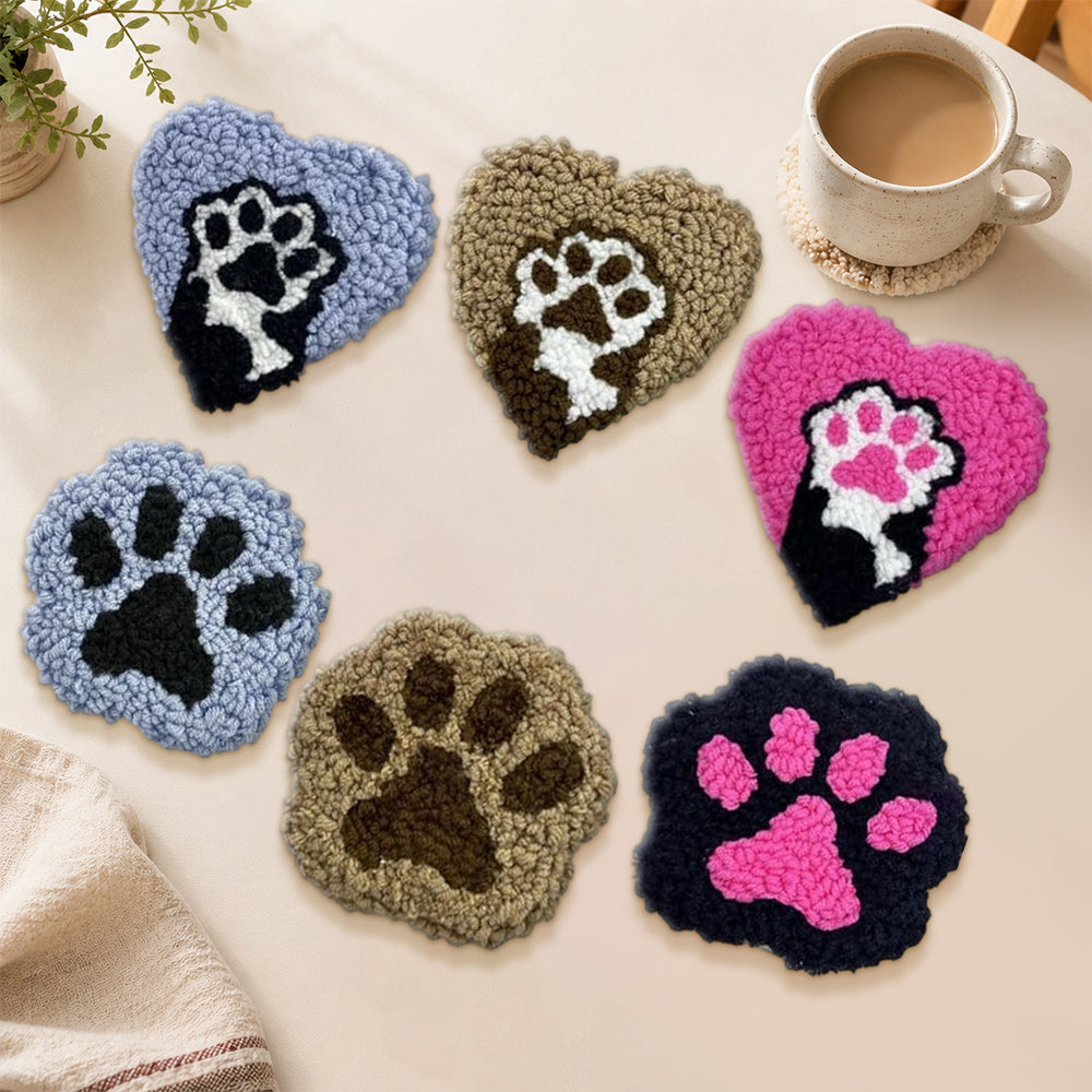 Cute heart and paw prints punch needle coasters used for home decoration
