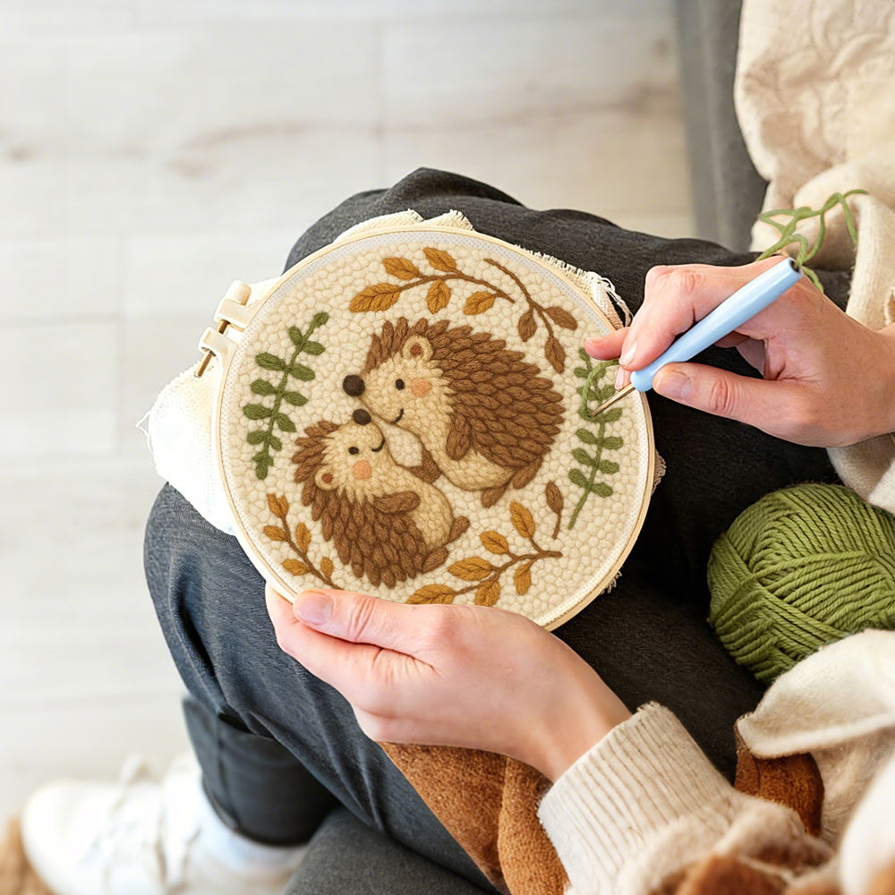 Creating handmade cute hedgehog couple punch needle artwork