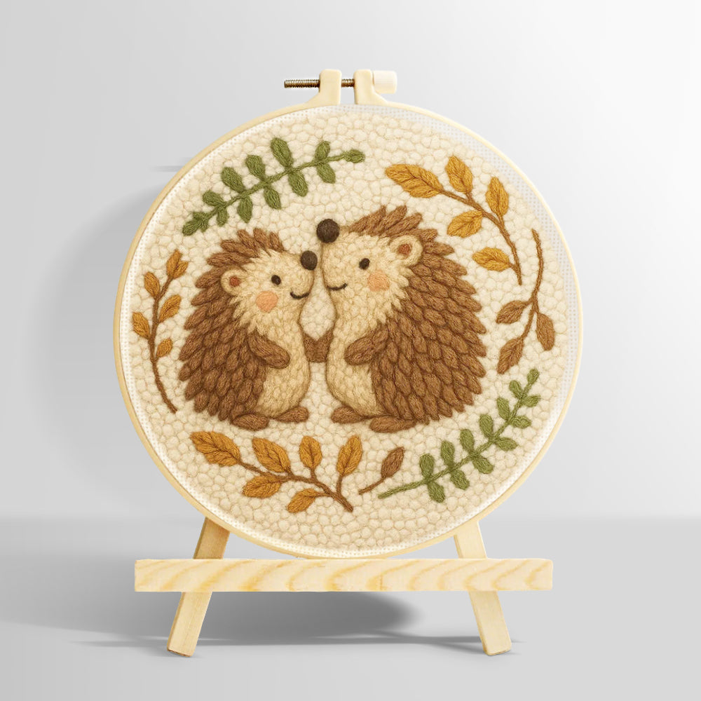 Cute hedgehog couple punch needle kit for beginners