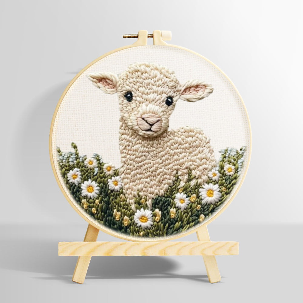 Cute lamb in daisy field punch needle kit for beginners