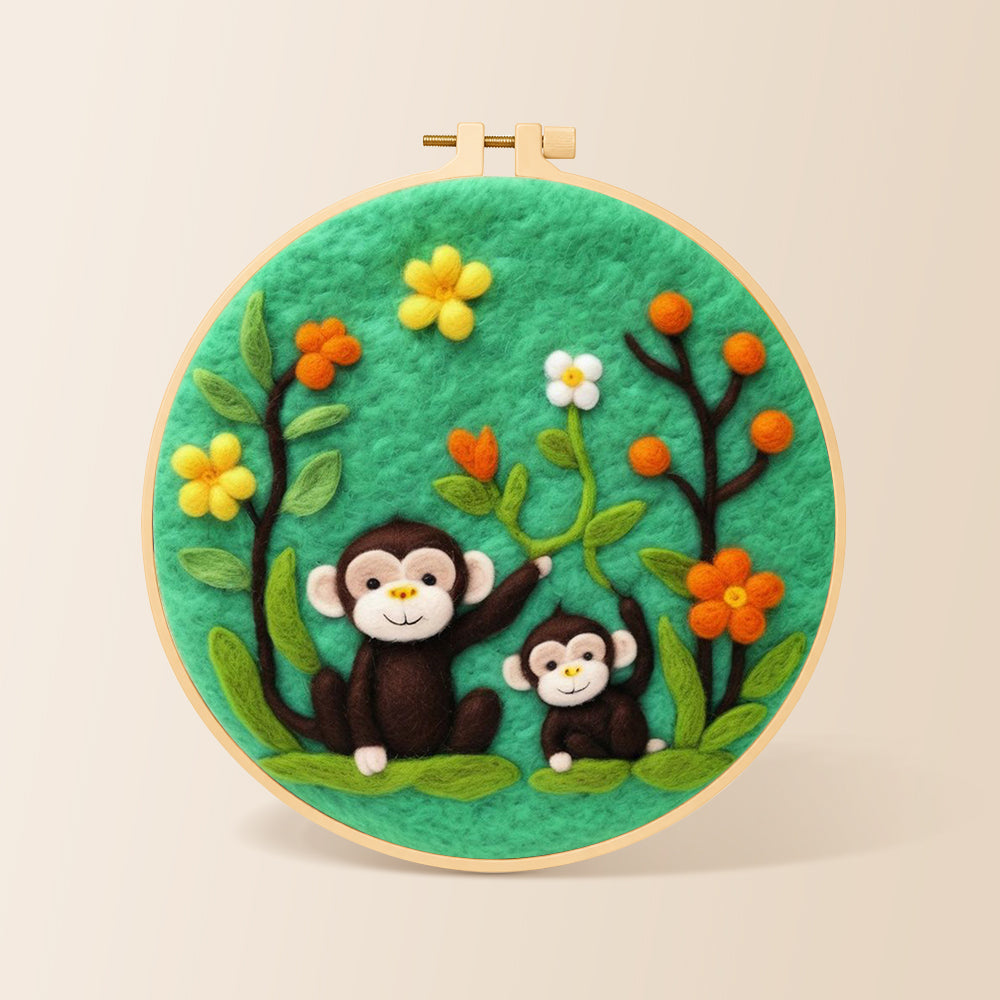 Cute monkey and baby needle felting kit for beginners with a round wooden frame