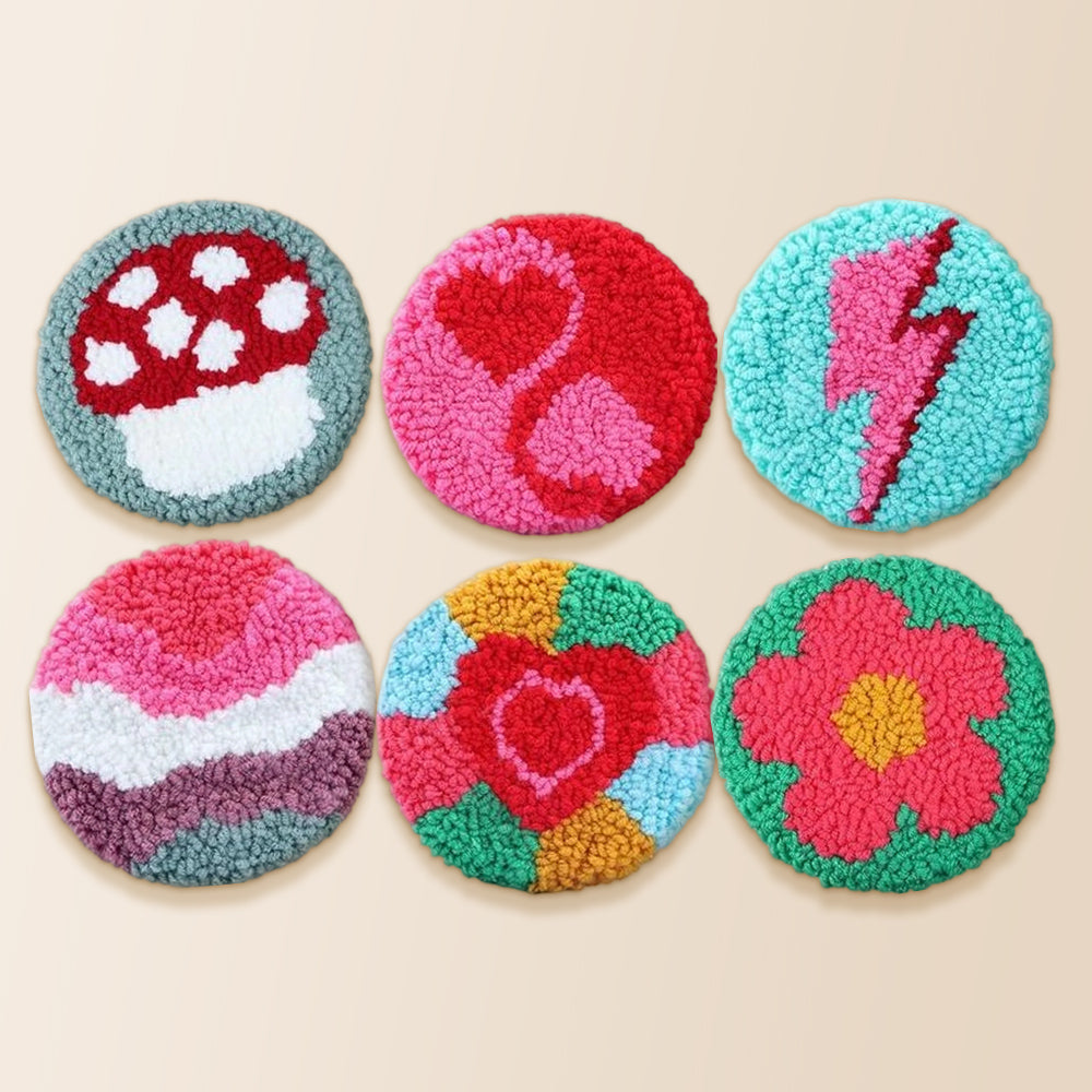 Cute mushroom, heart and lightning punch needle coaster kit finished handmade coasters