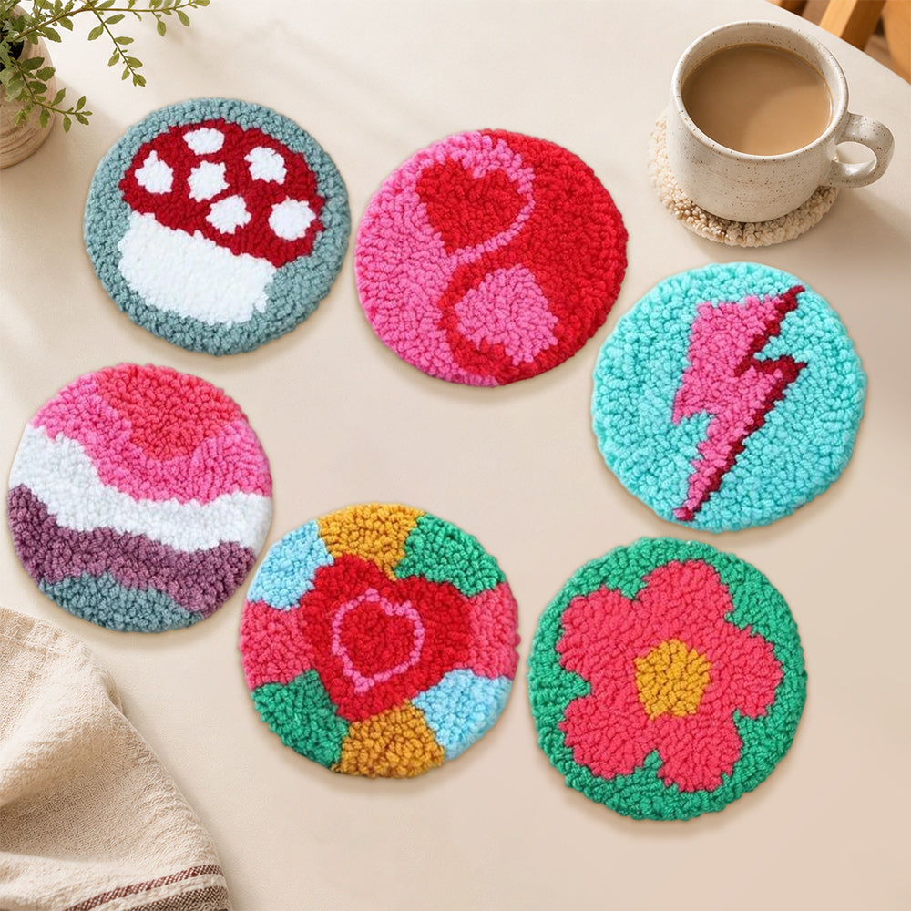 Cute mushroom, heart and lightning punch needle coasters used for home decoration