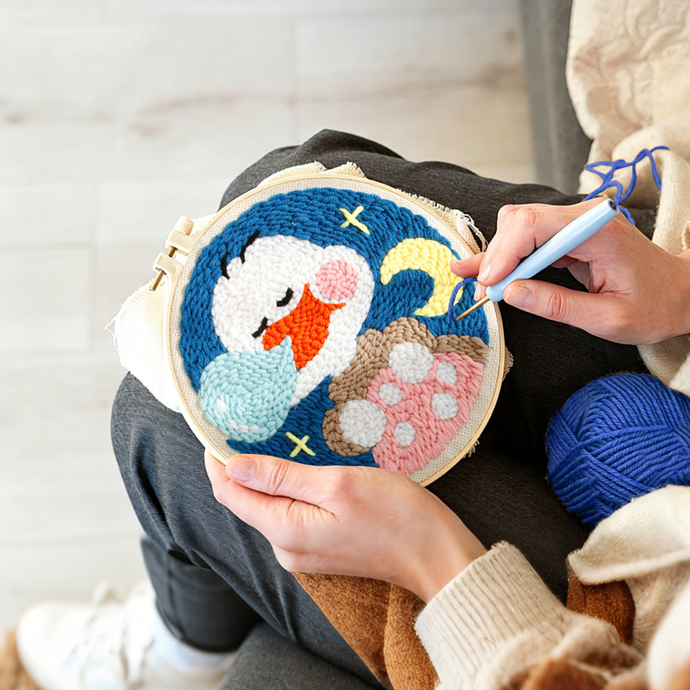 Creating handmade cute nap duck punch needle artwork