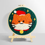 Cute orange cat in santa hat punch needle kit for beginners