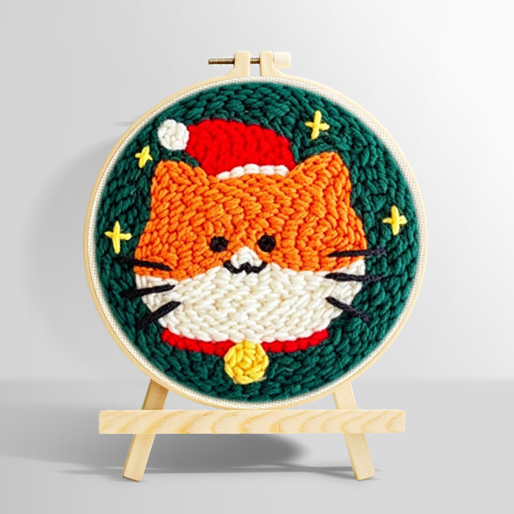 Cute orange cat in santa hat punch needle kit for beginners