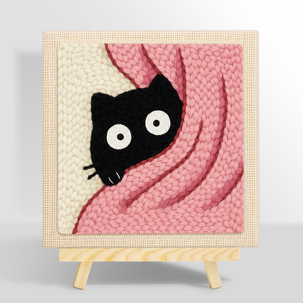 Cute peeking kitten in pink blanket punch needle kit for beginners