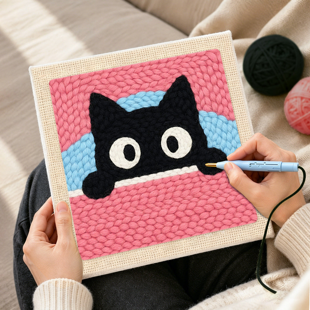 Creating handmade cute peeking kitten punch needle artwork