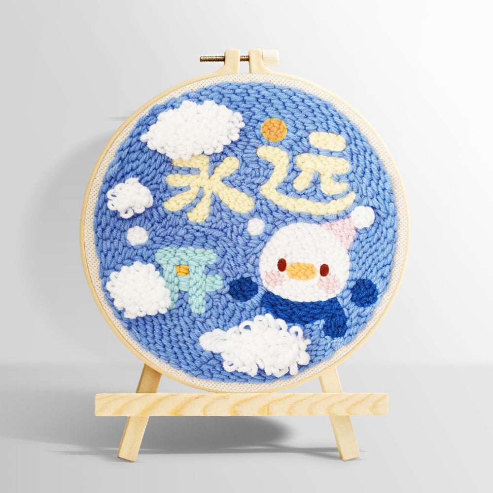 Cute penguin with "always happy" text punch needle kit for beginners