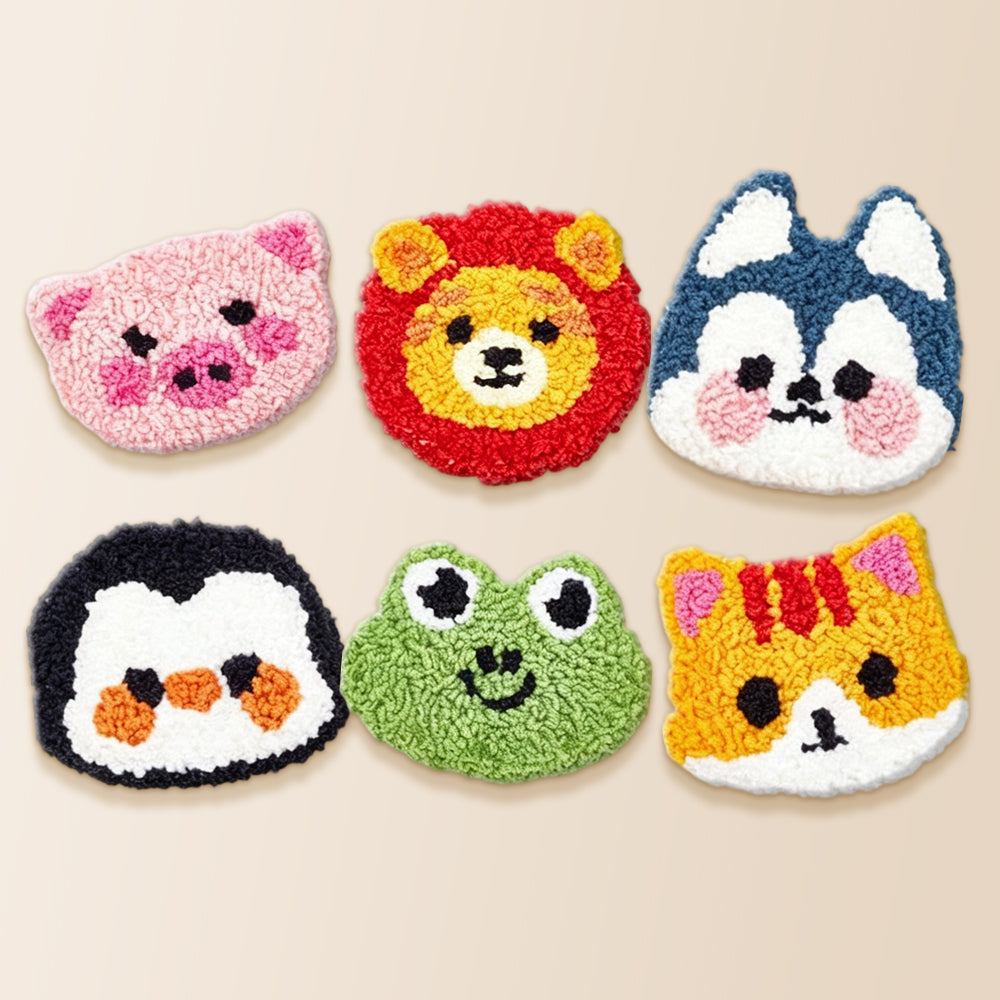 Cute pig, lion and penguin punch needle coaster kit finished handmade coasters