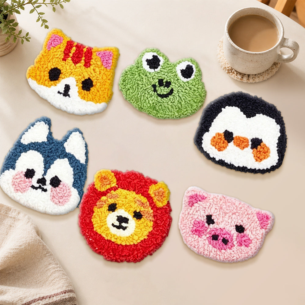 Cute pig, lion and penguin punch needle coasters used for home decoration