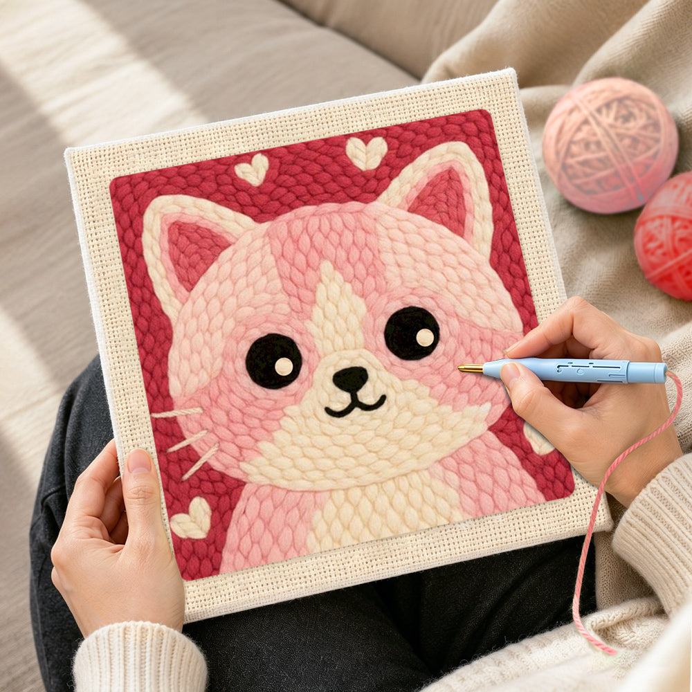 Creating handmade cute pink and white kitten face punch needle artwork