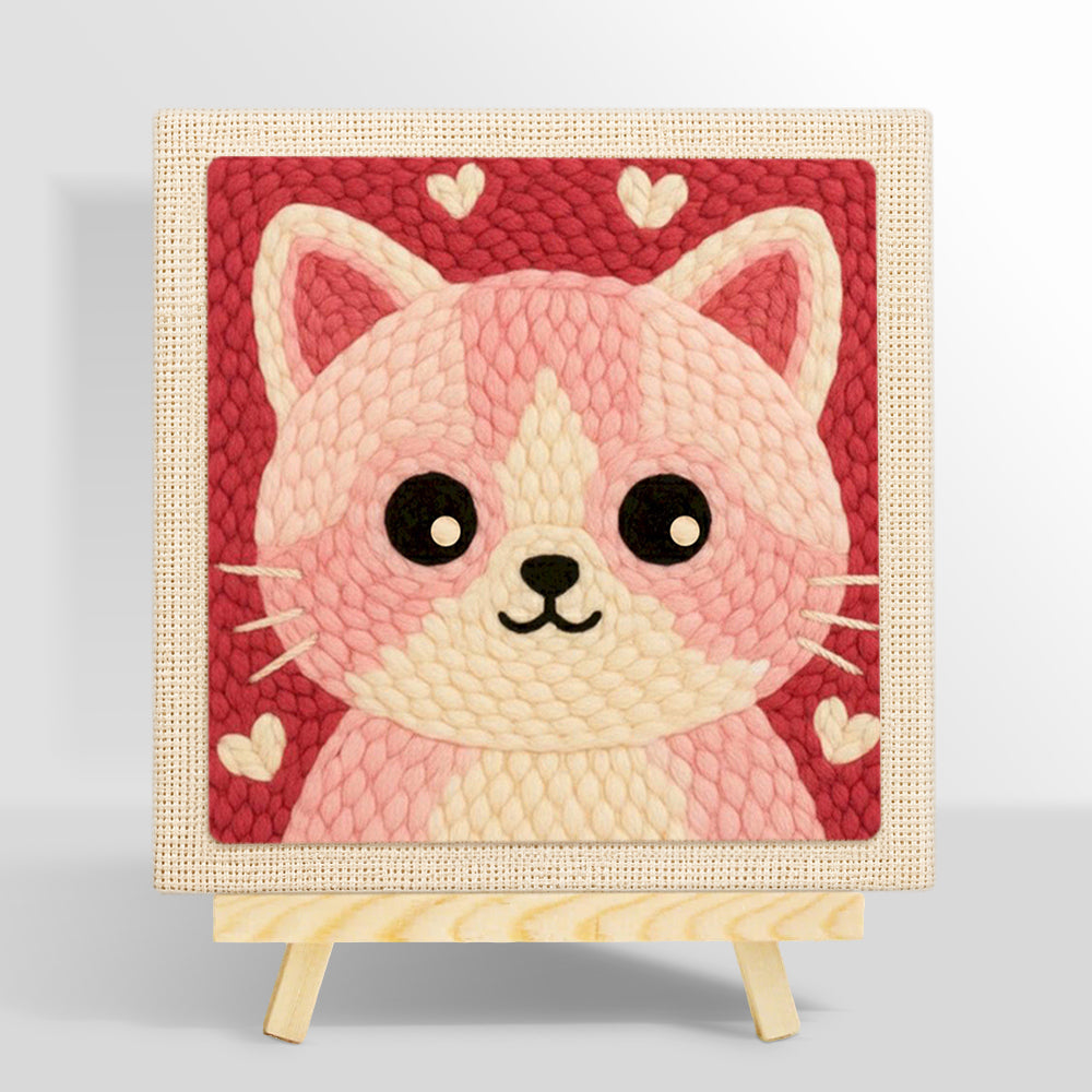Cute pink and white kitten face punch needle kit for beginners