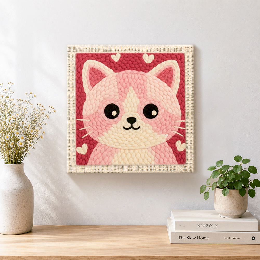 Finished cute pink and white kitten face artwork displayed on a wall