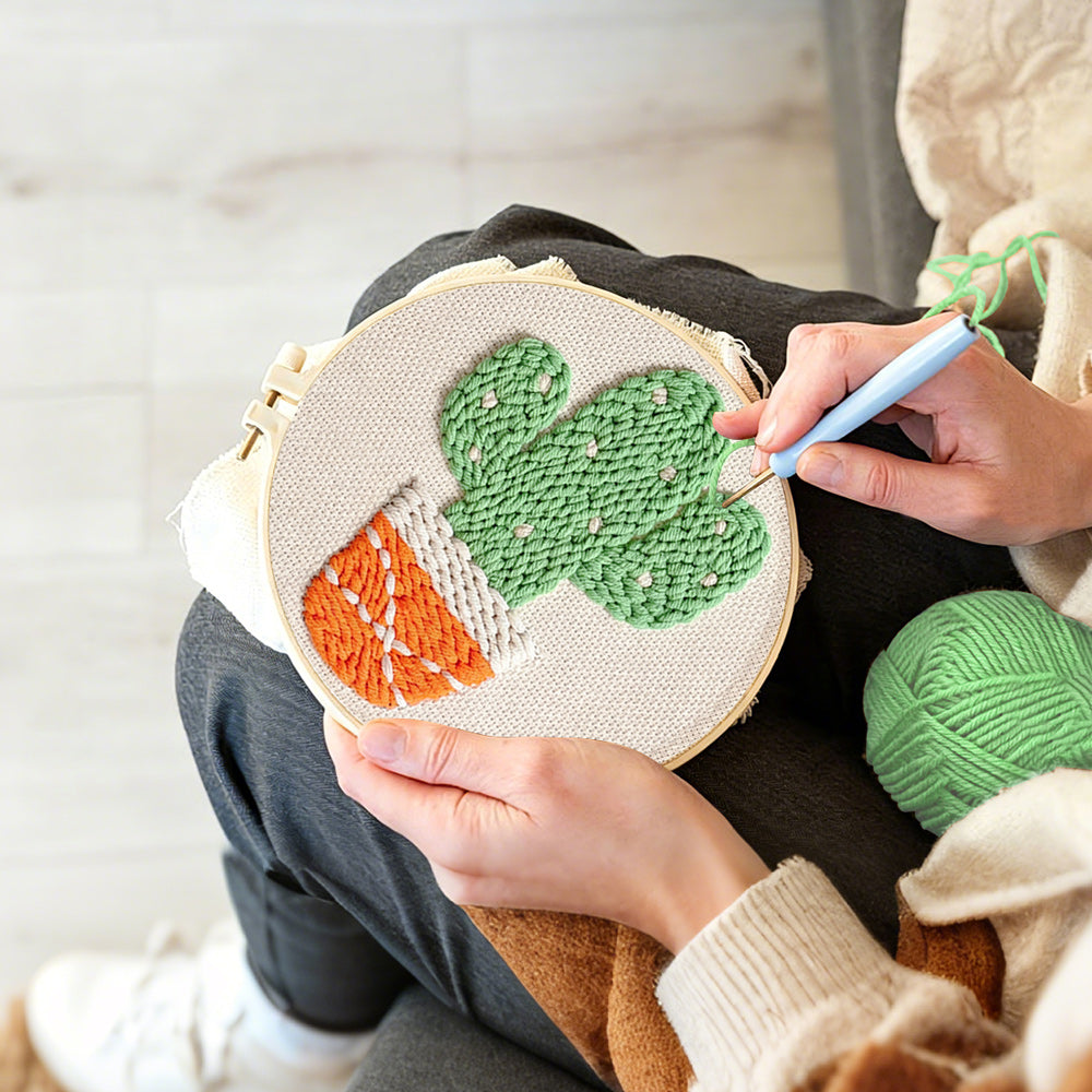 Creating handmade cute potted twin cactus punch needle artwork