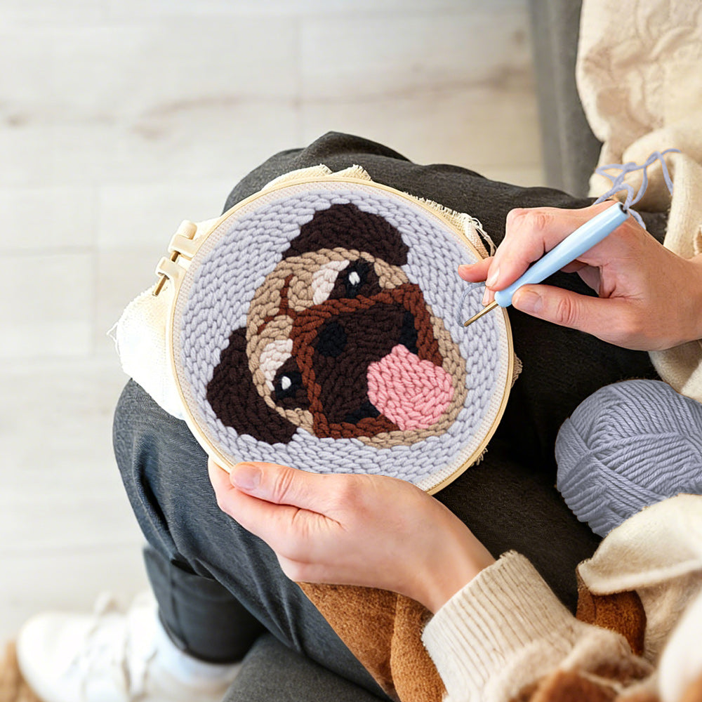 Creating handmade cute pug punch needle artwork