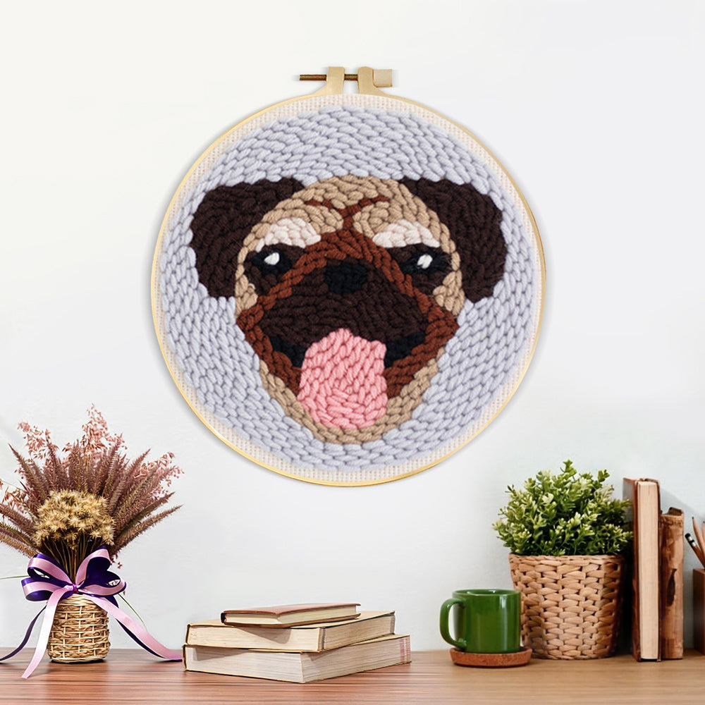 Finished cute pug artwork displayed on a wall